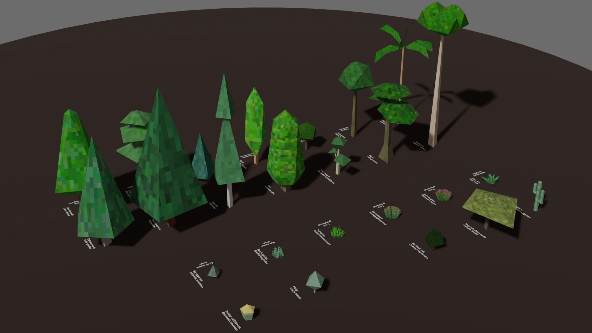 A render of 14 low-poly trees, standing on a dark brown circle. On the ground next to each tree is its English and scientific name. The trees are ordered in seven rows of two, and each row labelled with the biome in which those trees occur.