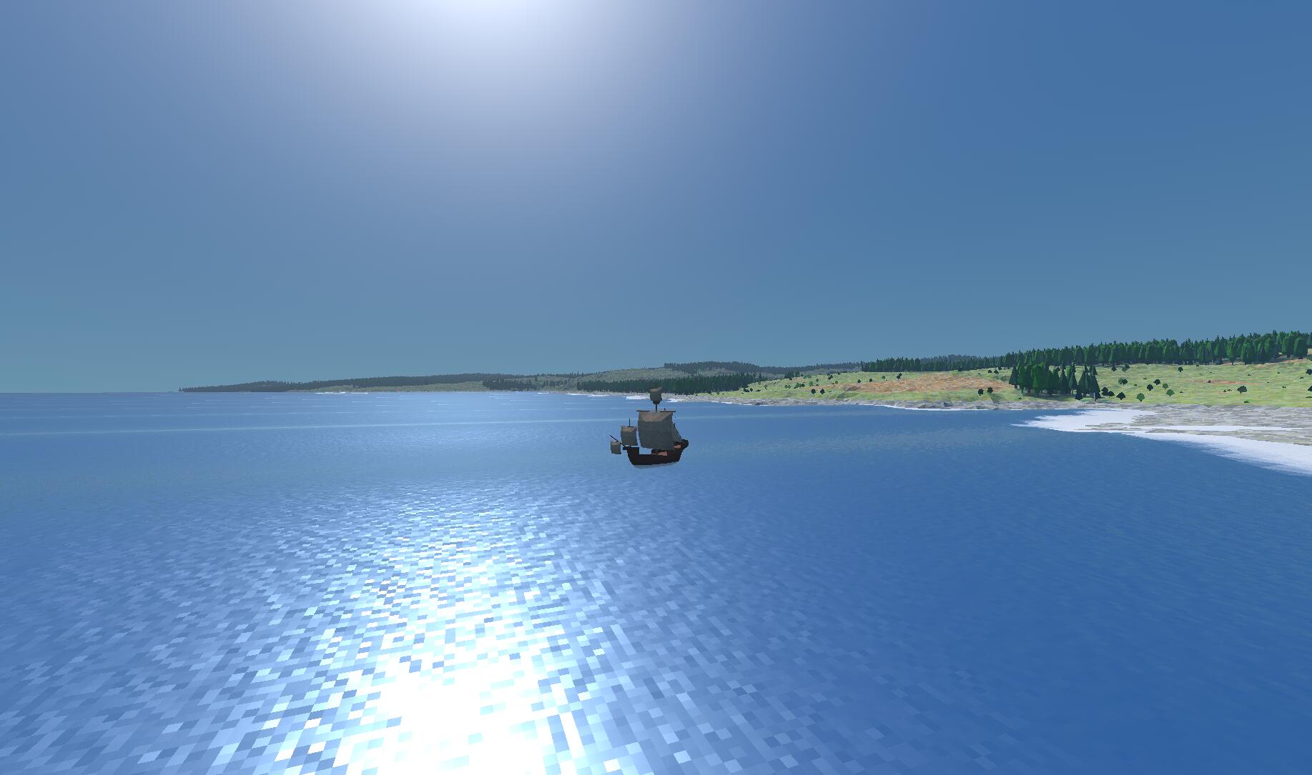 Screenshot of a lowland coast with patches of coniferous trees
