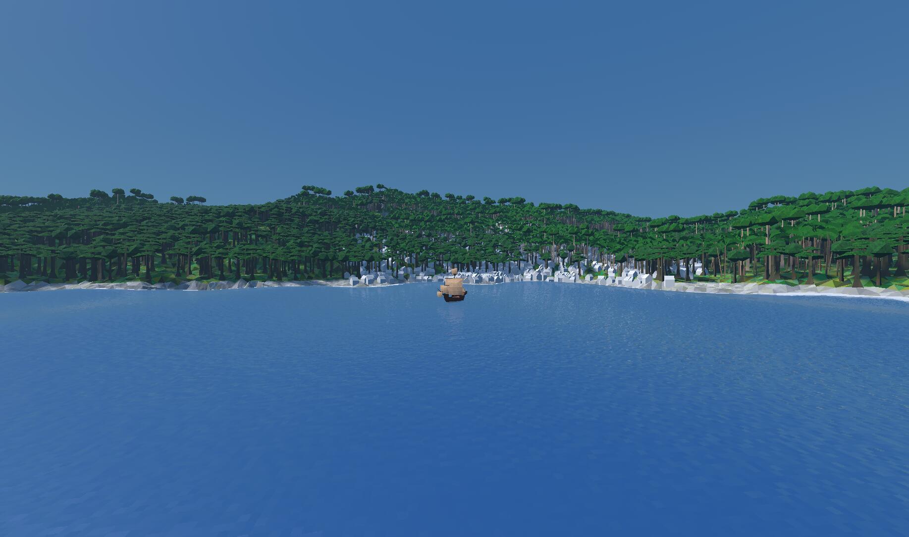 Screenshot of a forested coast, with white houses intersecting the trees