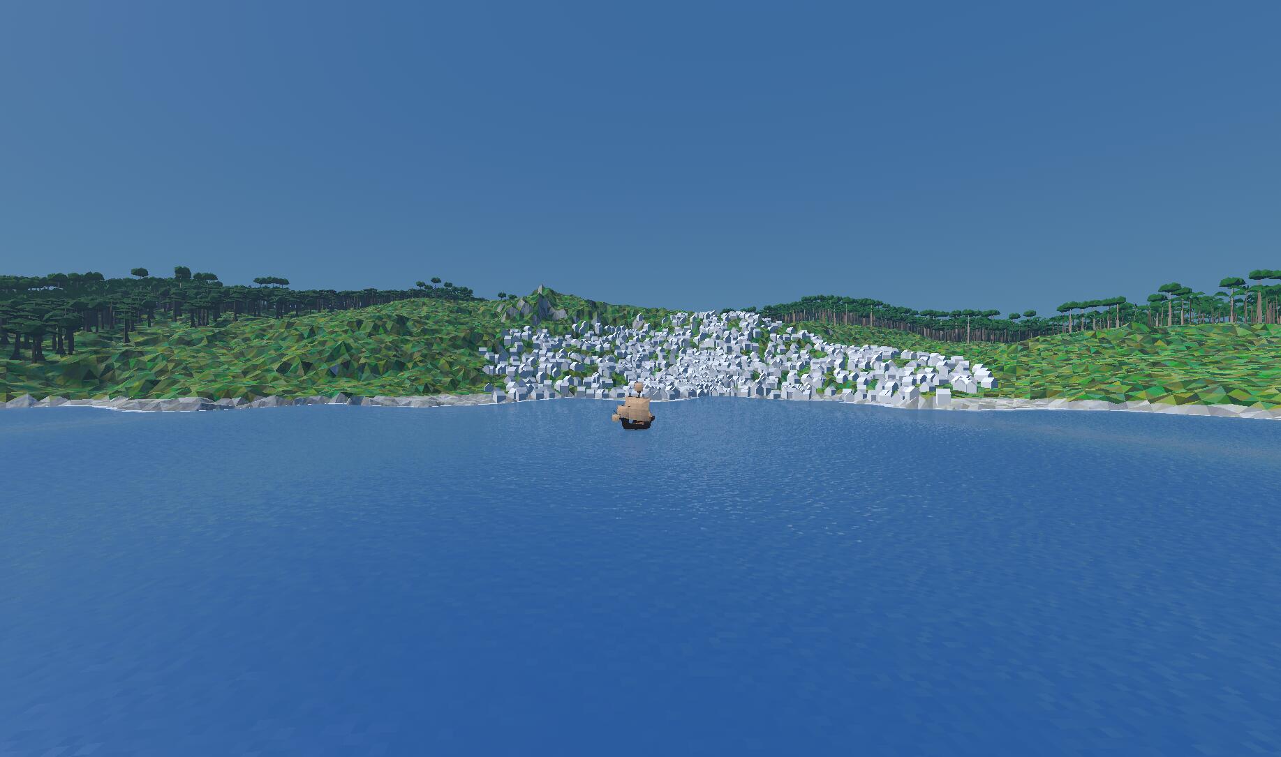 Screenshot of the same coast, but now the trees have drawn back around the houses