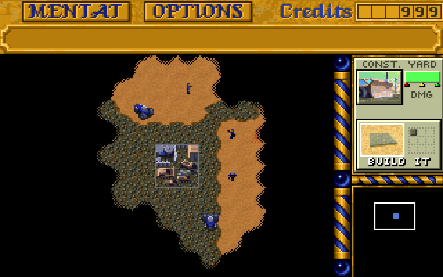 A screenshot of Dune II, showing the initial map