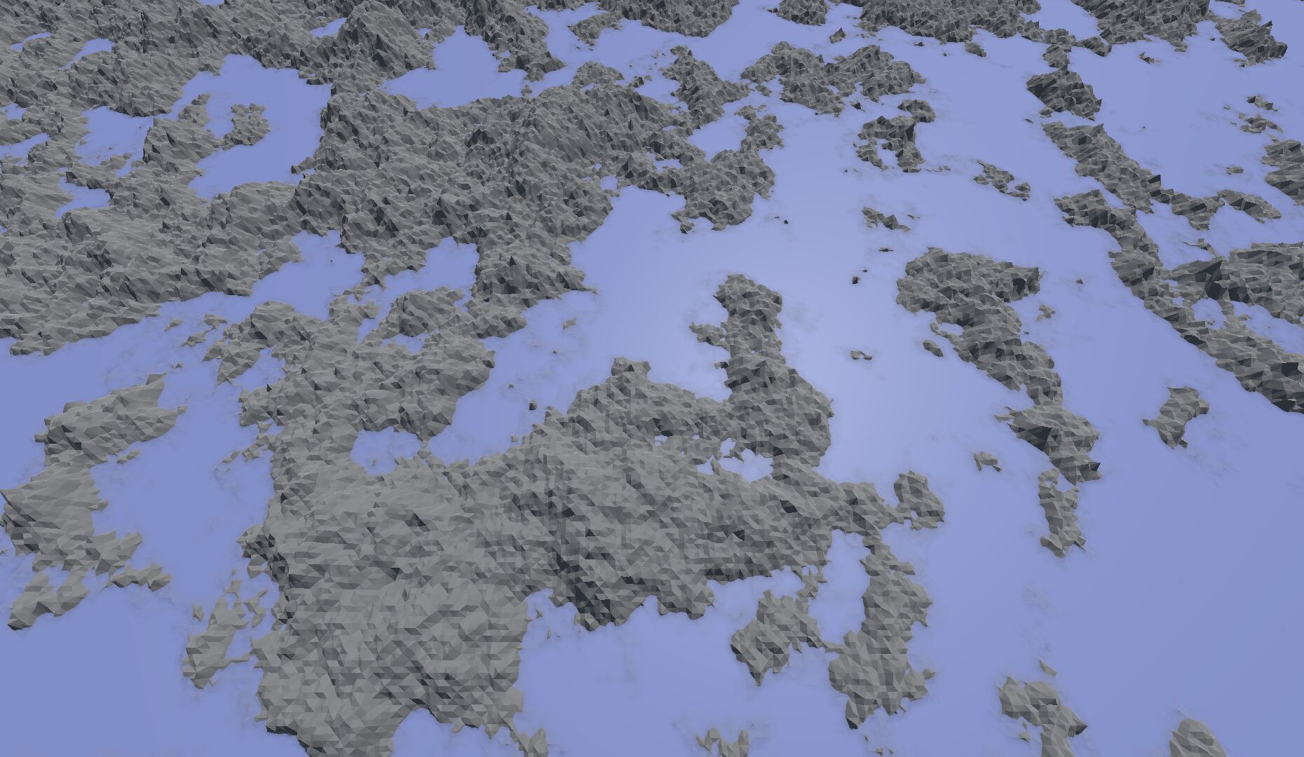 A much flatter grey terrain with lots of tiny islands