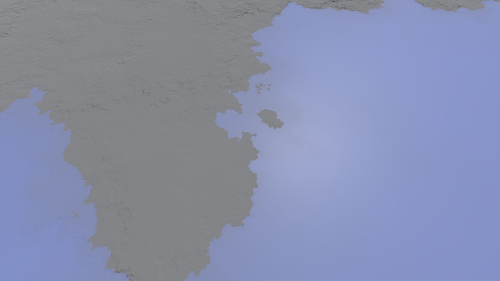 A much flatter grey terrain, this time without many islands