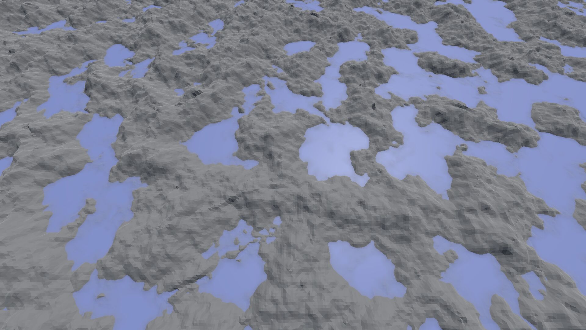 A grey terrain consisting of a large number of small islands