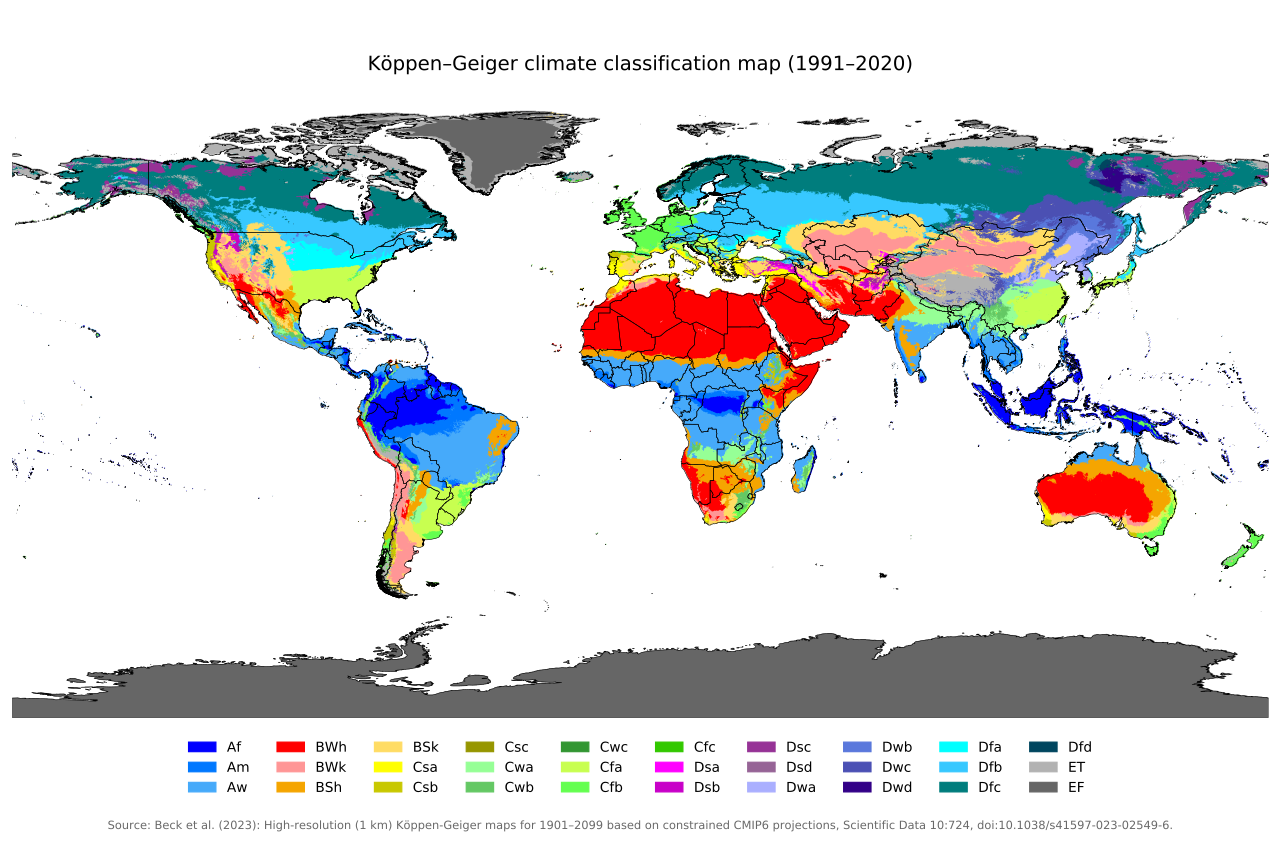 A map of the actual Earth, with the same colour scheme