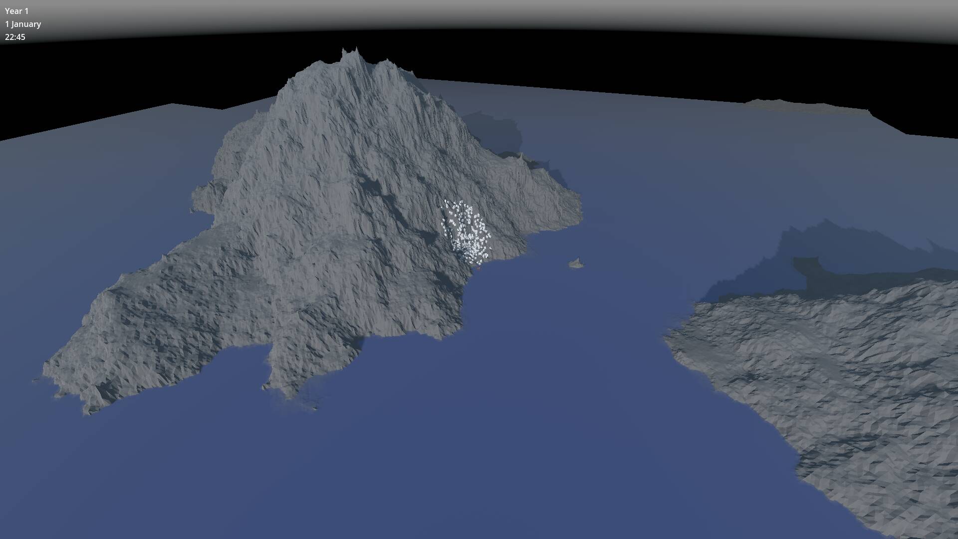 A rendered mountainous island seen from a bird’s eye perspective. Its surface is a drab dark grey.