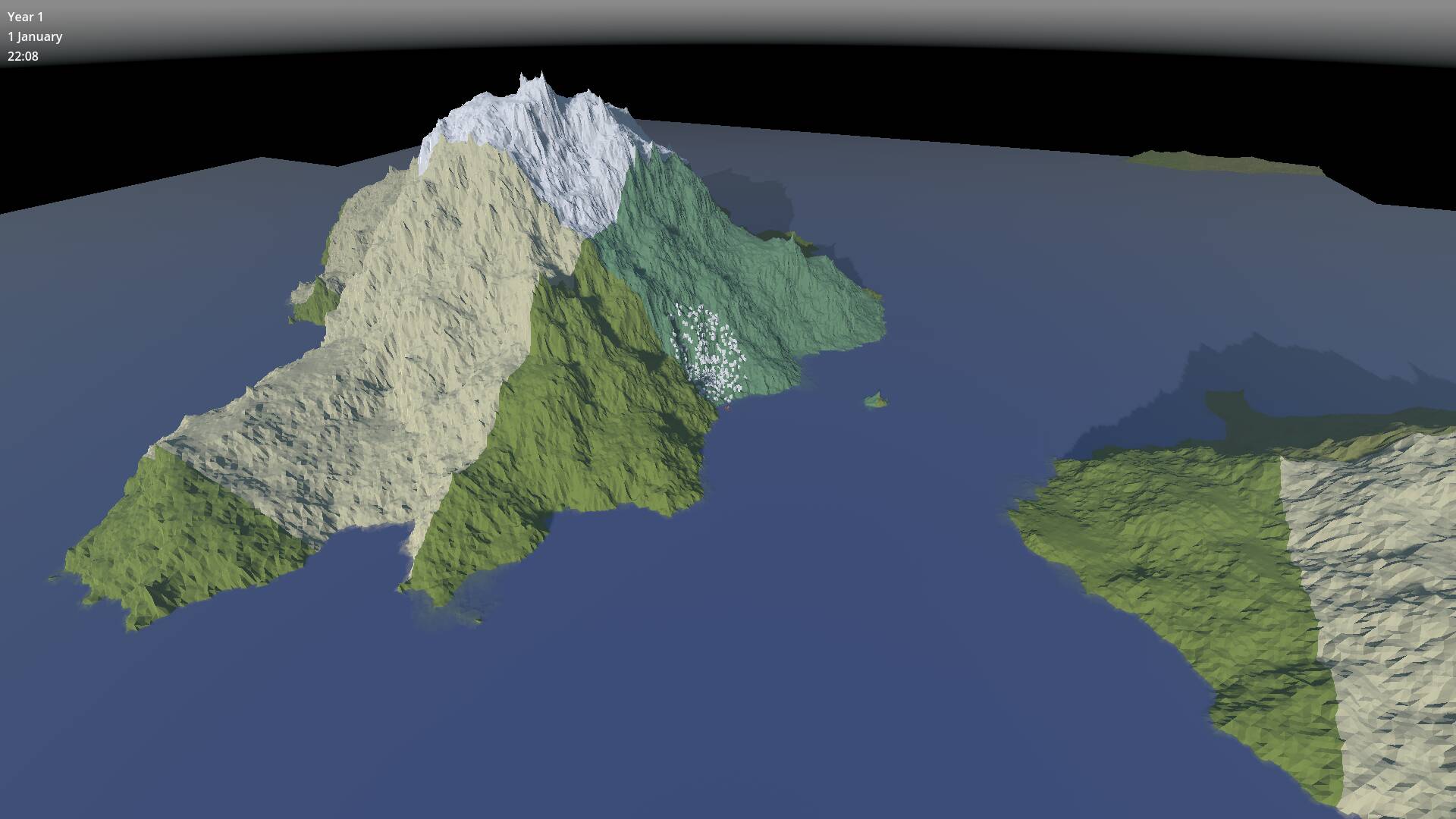 The same mountainous island as before, but now with coloured terrain