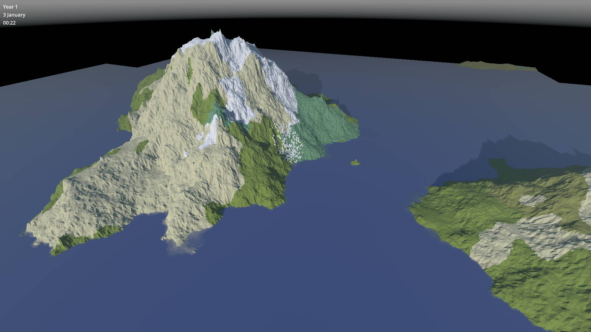 The same mountainous island as before, but now the biomes no longer have straight edges