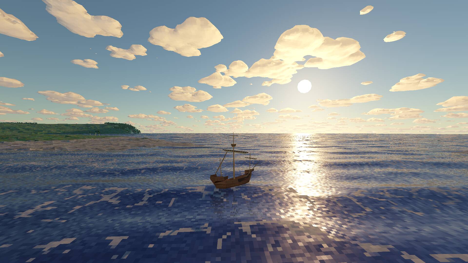 Scene with a sun low in the sky, with a gradient now visible where there used to be solid yellow