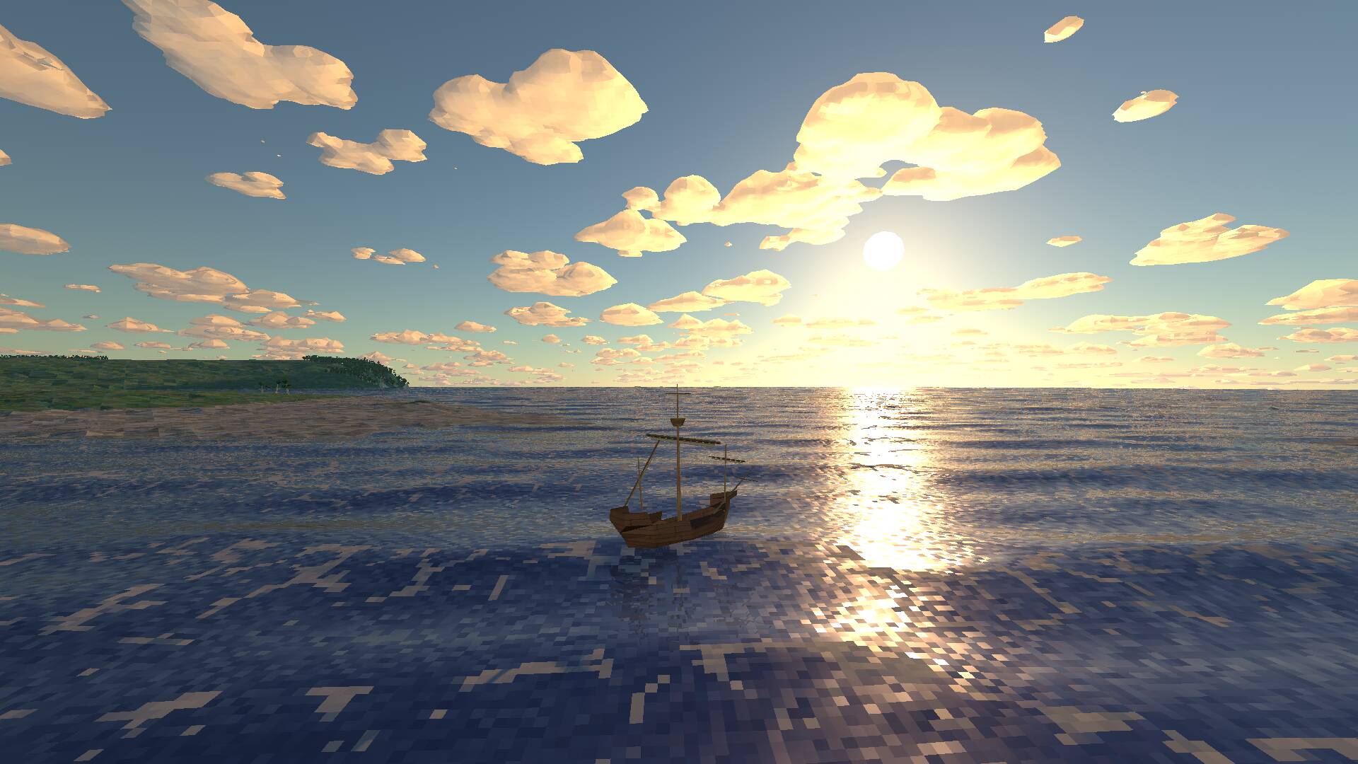 Scene with a sun low in the sky, with the sky showing a solid patch of pale yellow