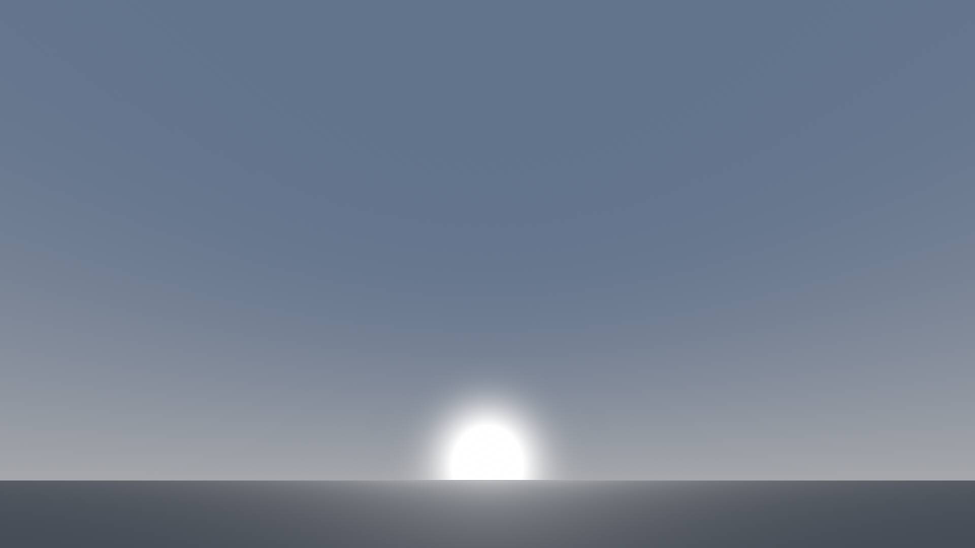 A bland, grayis blue sky with a fuzzy sun near the horizon