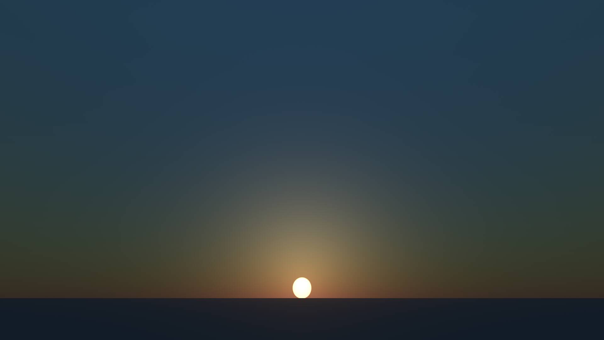 A dark blue sky that transitions through green and orange towards red at the horizon, with a yellow sun just above the horizon