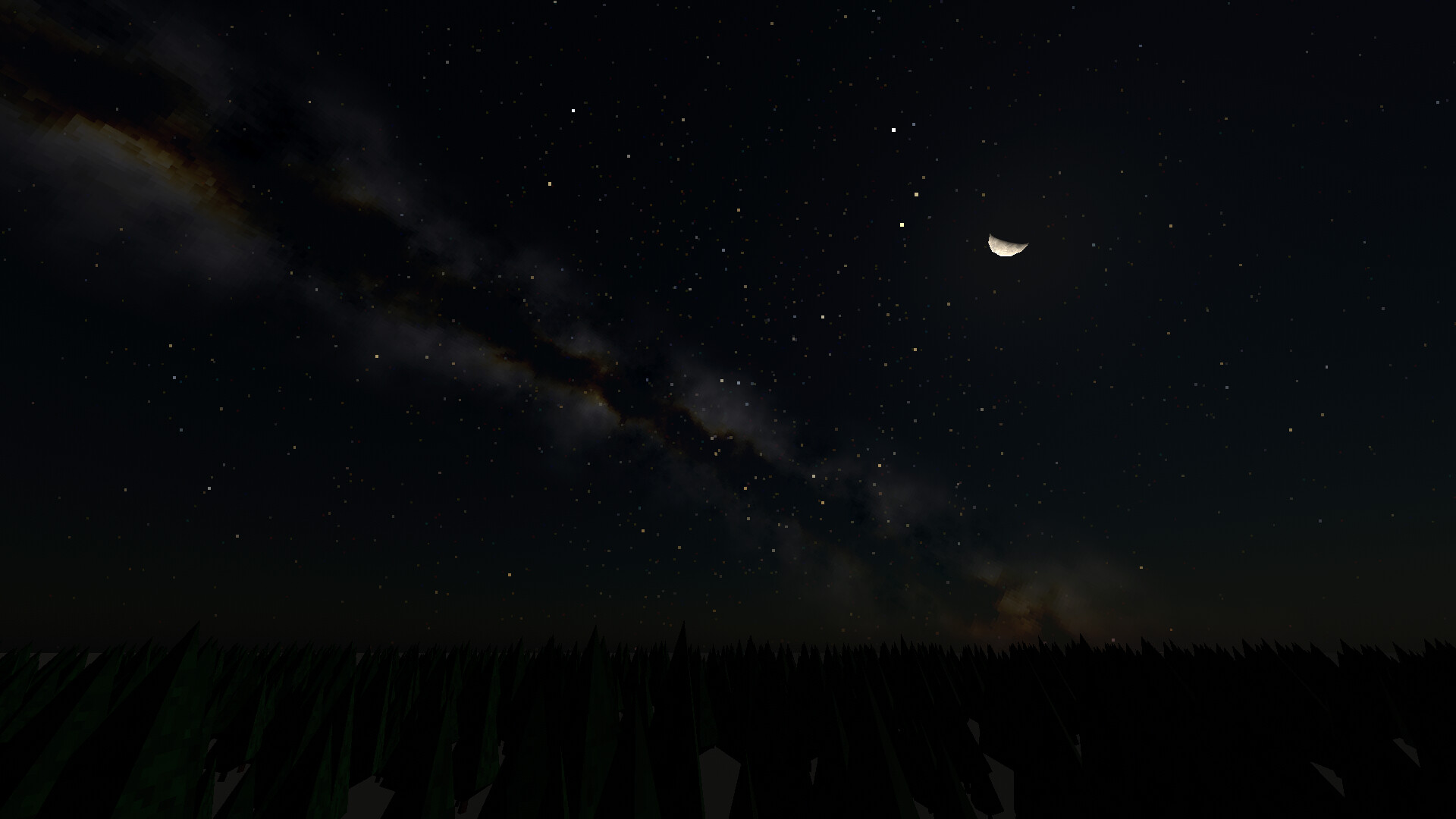 A crescent moon in a starry sky, with the Milky Way across it, over a dark pine forest