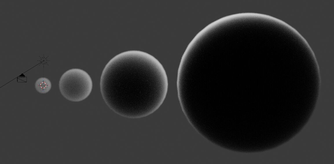 Four spheres, increasing in size from left to right. The leftmost one is mostly grey, and they get darker as they get bigger, except around the rim.