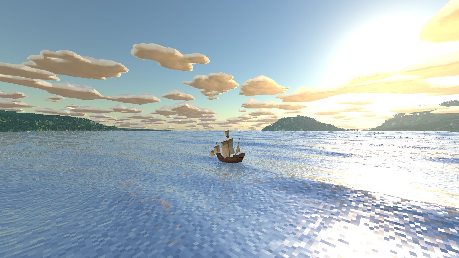 In-game screenshot with a much brighter and more colourful sky, and clouds