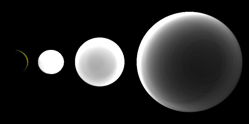 Same three spheres, but with the left and middle one uniformly white and the right one having a strong white rim