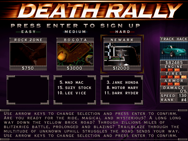 The signup screen in Death Rally